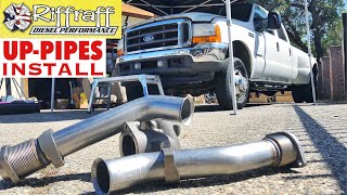 2001 F350 73  RiffRaff UpPipes Install  Stock up pipes leaking and falling apart JUNK SP [upl. by Martha]